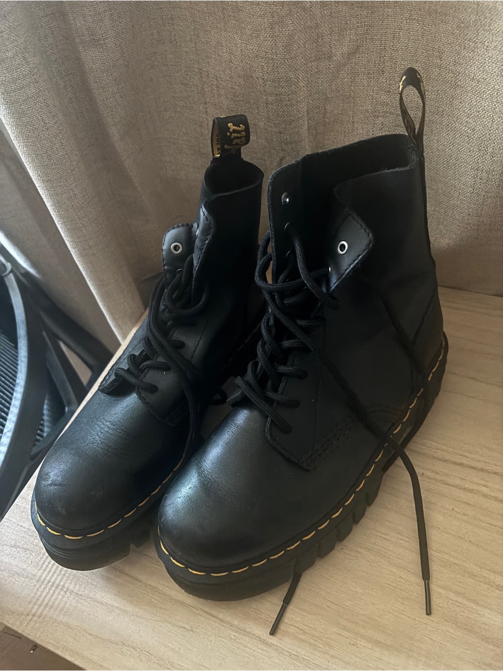 Dr. Martens Black Leather Combat Boots with Yellow Stitching